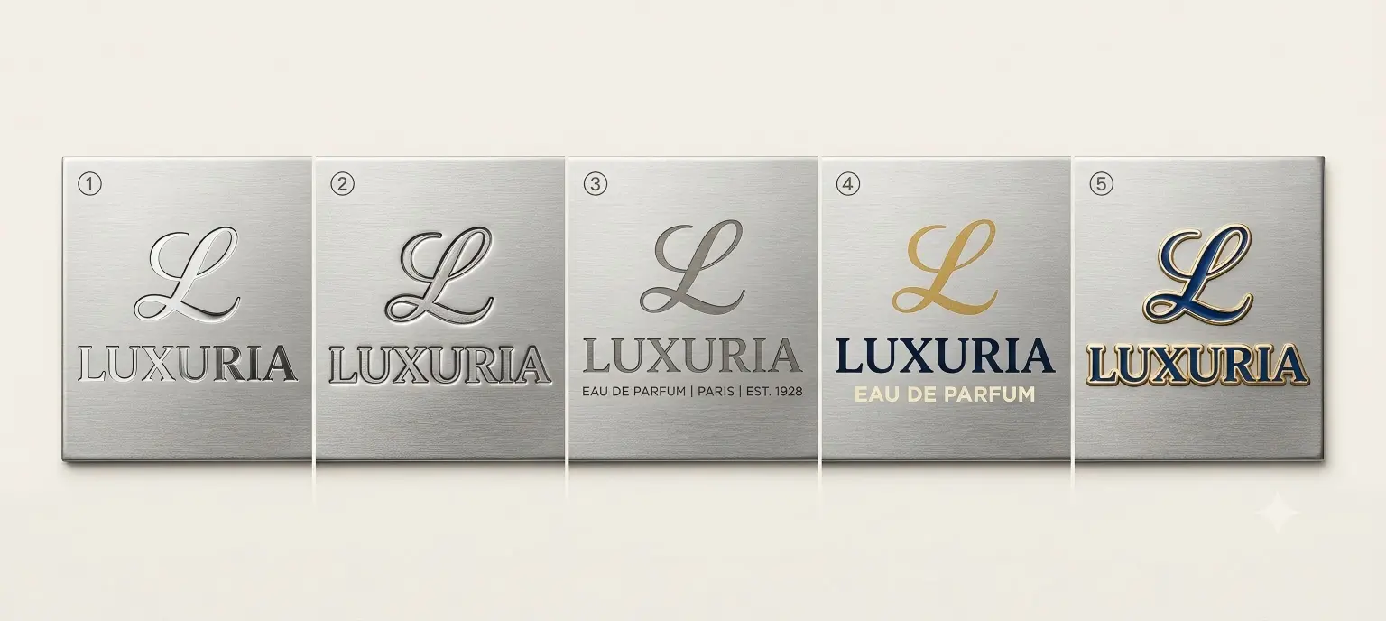 Comparison strip showing 5 LOGO processes on premium perfume nameplates, from left to right: recessed mirror finish, embossed relief, laser-engraved micro text, multicolor screen print, plated color-filled soft enamel