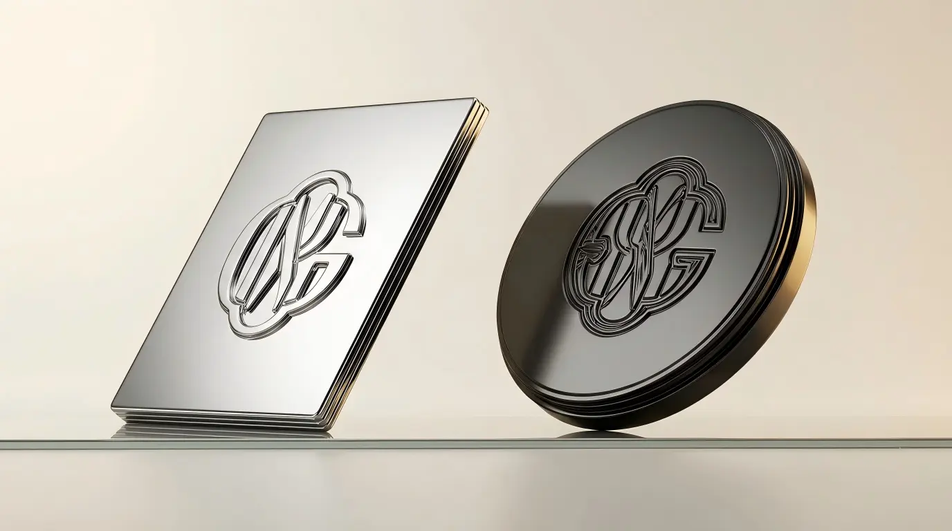 Premium perfume bottle metal nameplate and ring-shaped shoulder sleeve shown together, left nameplate with 0.6 mm embossed mirror-bright chrome logo, right shoulder sleeve with 0.7 mm recessed gunmetal plating, warm silver-white zinc alloy texture