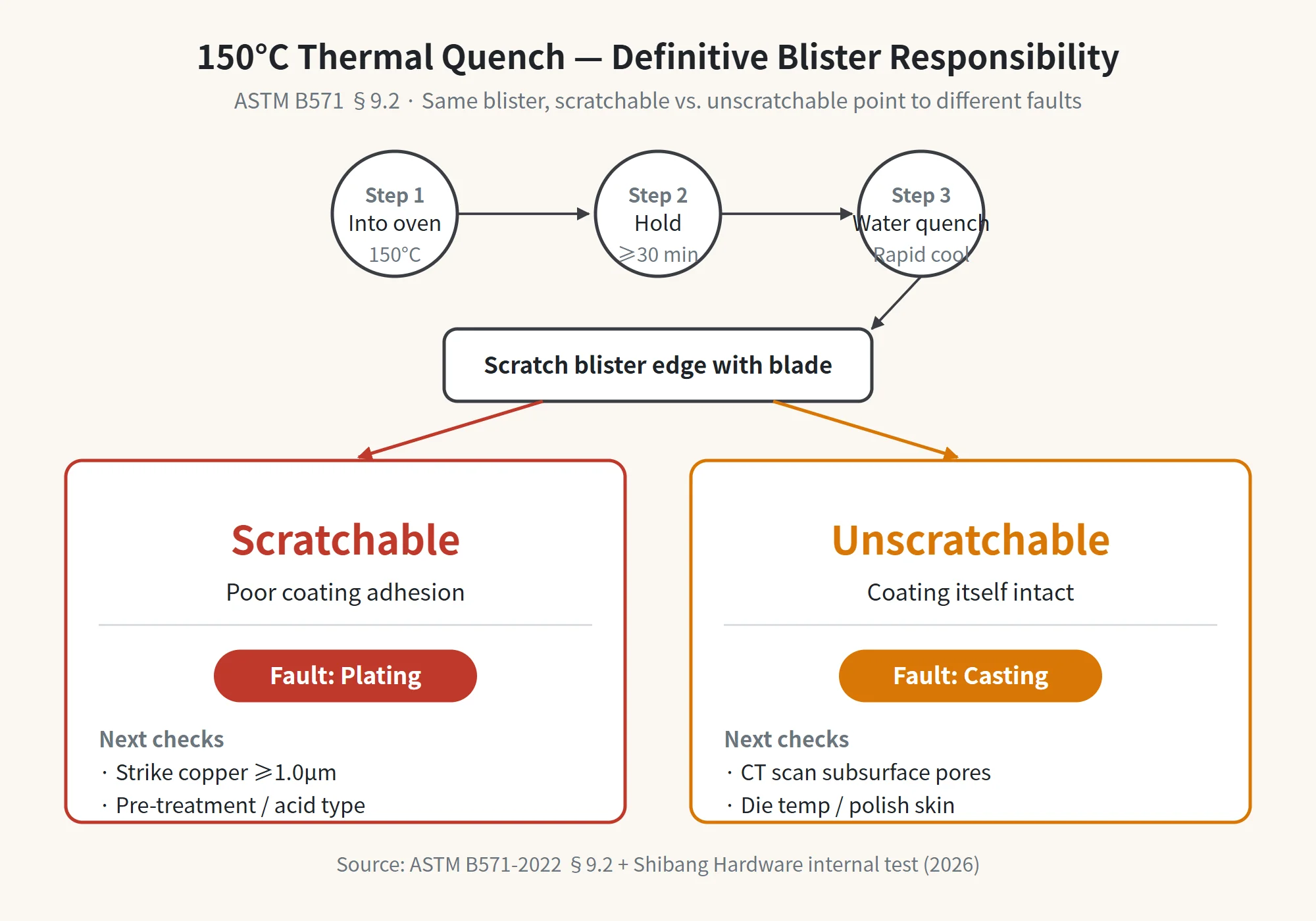 Comparison of the two decision paths in the 150°C thermal quench test: the plated part is heated in an oven to 150°C and held for more than 30 minutes, then water-quenched and the coating next to the blister is pried with a blade. If it can be pried off, the coating adhesion is poor and the fault is on the plating side, requiring checks on copper strike thickness and pretreatment. If it cannot be pried off, the coating is intact and the fault is on the die casting side, where subsurface porosity in the substrate lifts the coating, requiring CT inspection and mold temperature records.