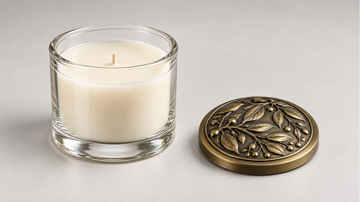 Glass candle jar and zinc alloy metal lid shown separately, illustrating a standard jar and a creative lid without claiming a verified sealing fit