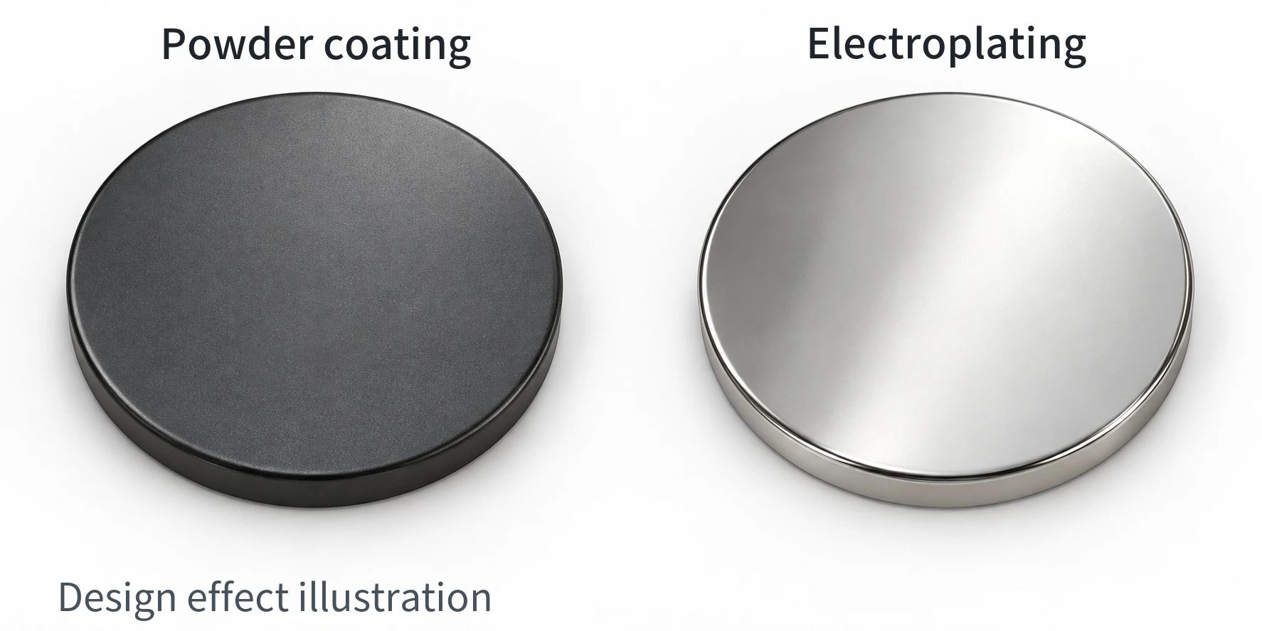Design comparison of the same round lid with a matte gray powder-coated finish and a bright silver electroplated finish