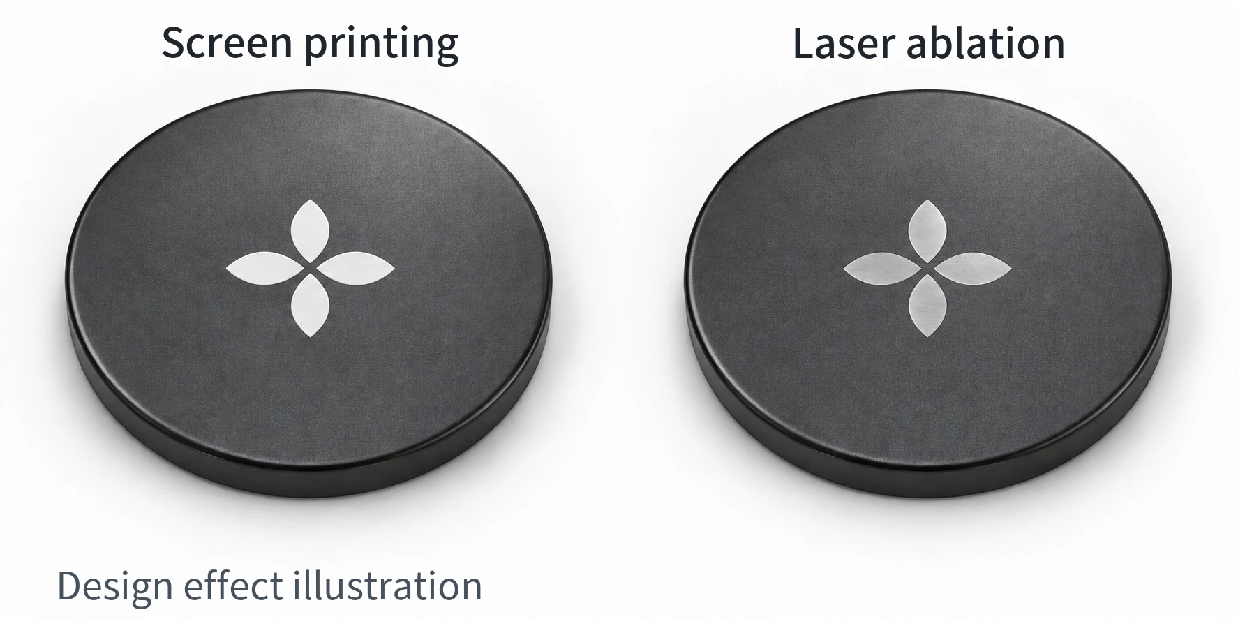 Design comparison of white screen printing and a light-colored mark made by laser removal of the coating on a dark lid