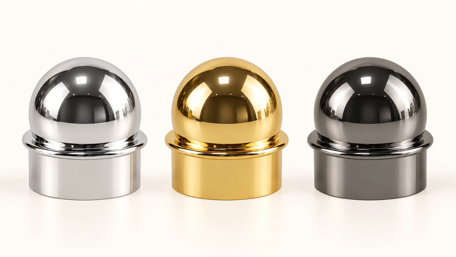 Concept dello stesso tappo per profumo a cupola in argento brillante, oro caldo e canna di fucile scuro