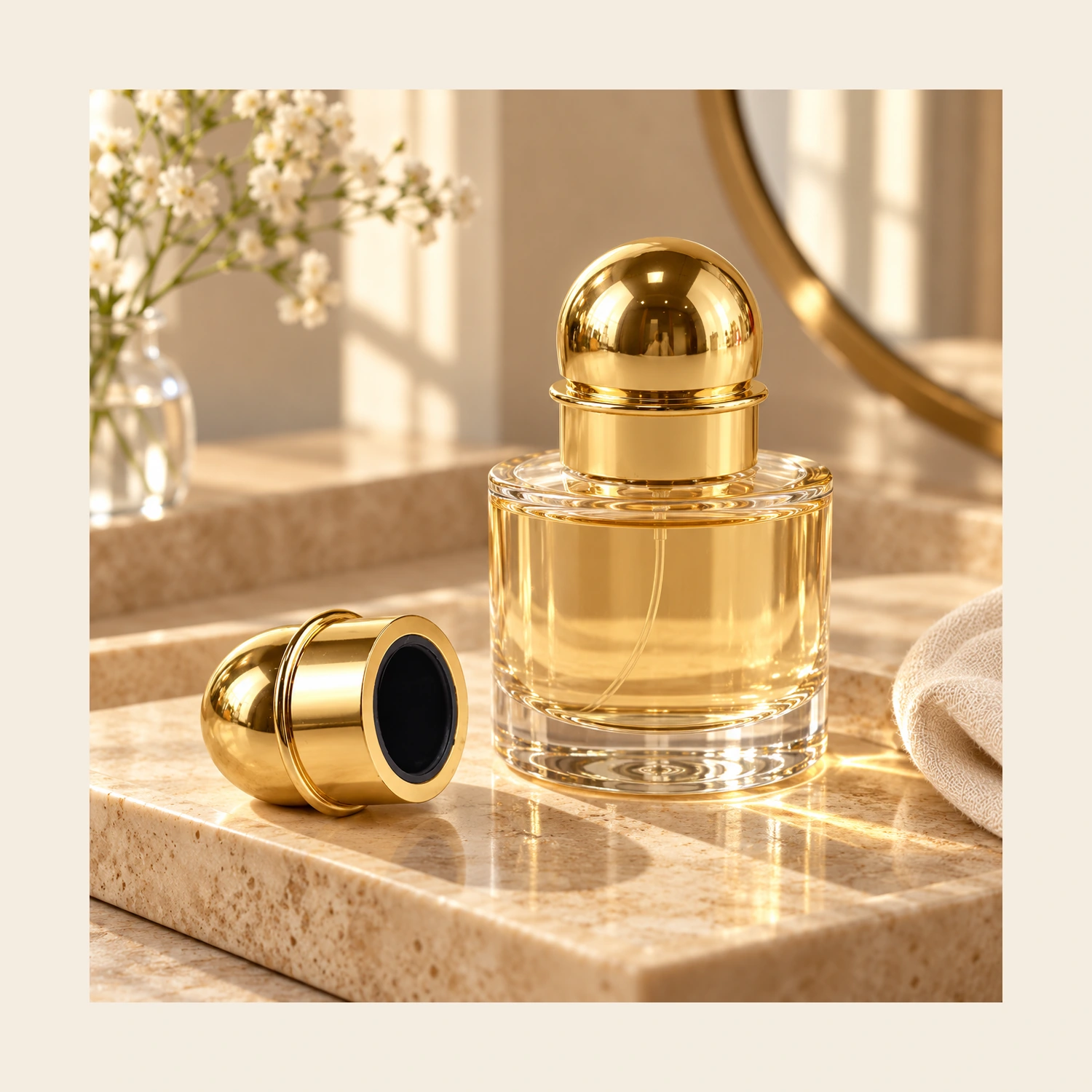Gold domed zinc alloy perfume cap in a packaging concept illustration