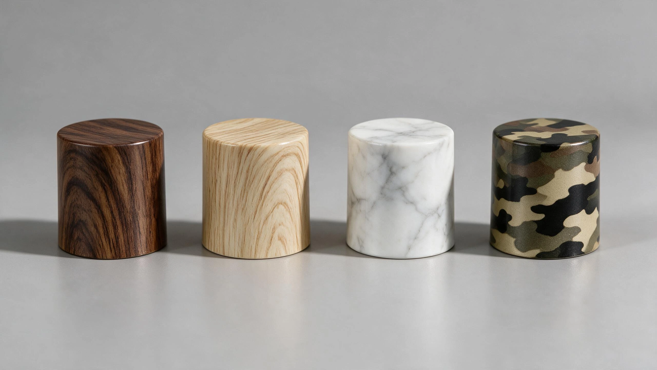 Design comparison of dark wood grain, light wood grain, stone, and camouflage patterns on the same cylindrical perfume cap
