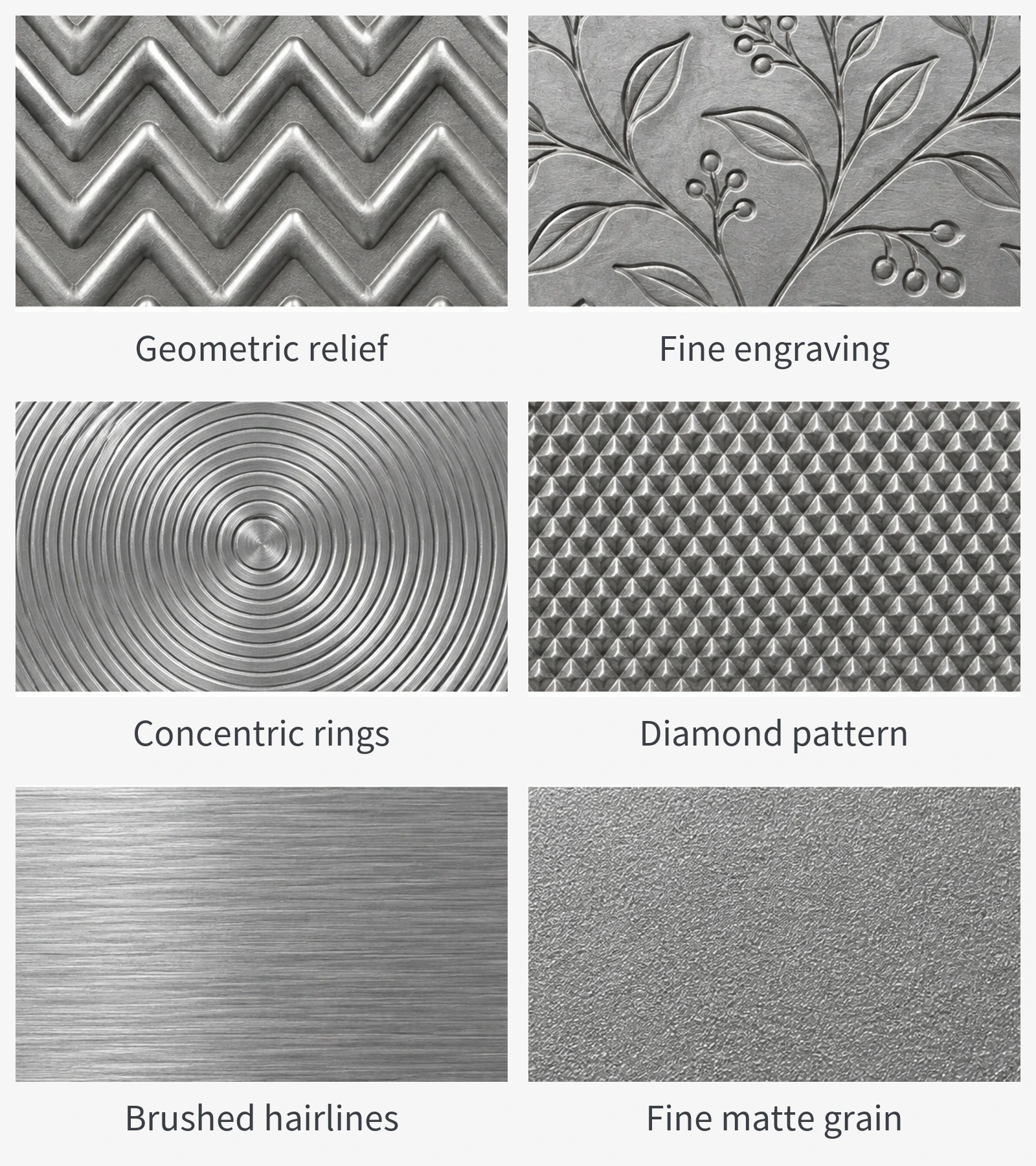 Six metal surface effects: geometric relief, fine engraving, concentric rings, a diamond pattern, brushed hairlines, and fine matte grain