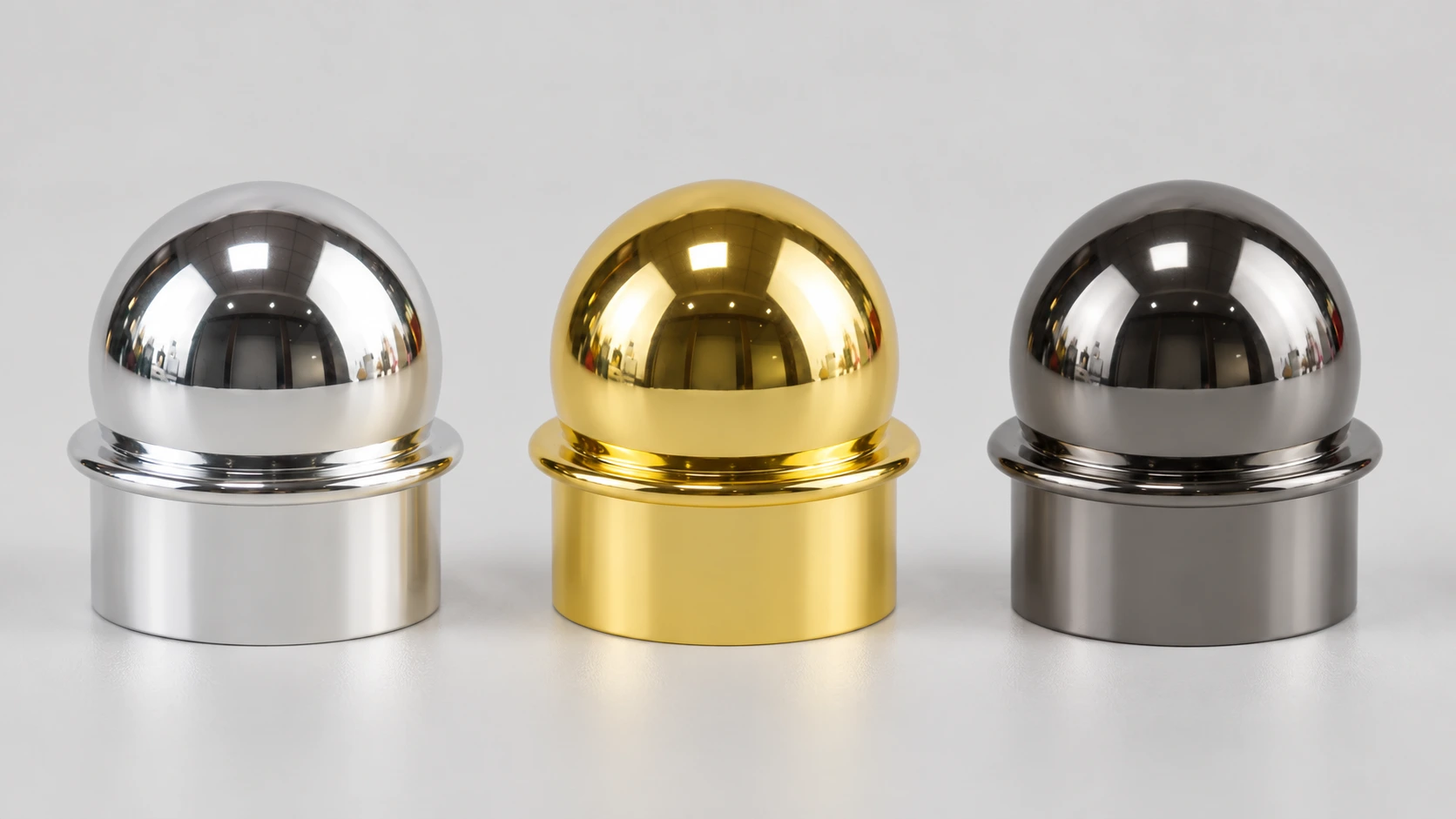 Exterior design comparison showing the same dome-shaped perfume cap in bright silver, warm gold, and dark gunmetal