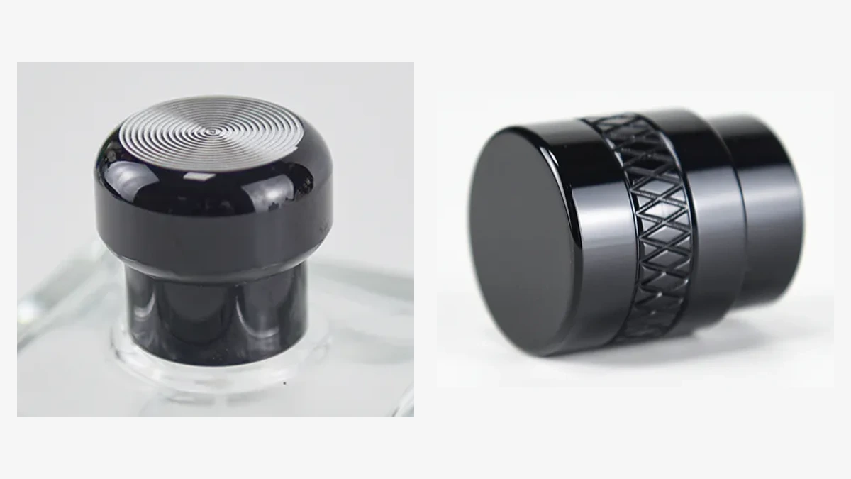 Wbmetal perfume caps with CD-like concentric rings on the top and a geometric textured band on the side
