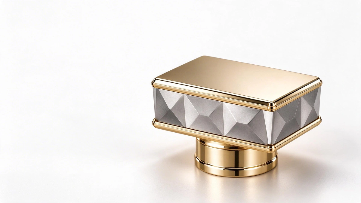 Perfume cap design concept with a gold-tone frame and a silver-gray faceted body