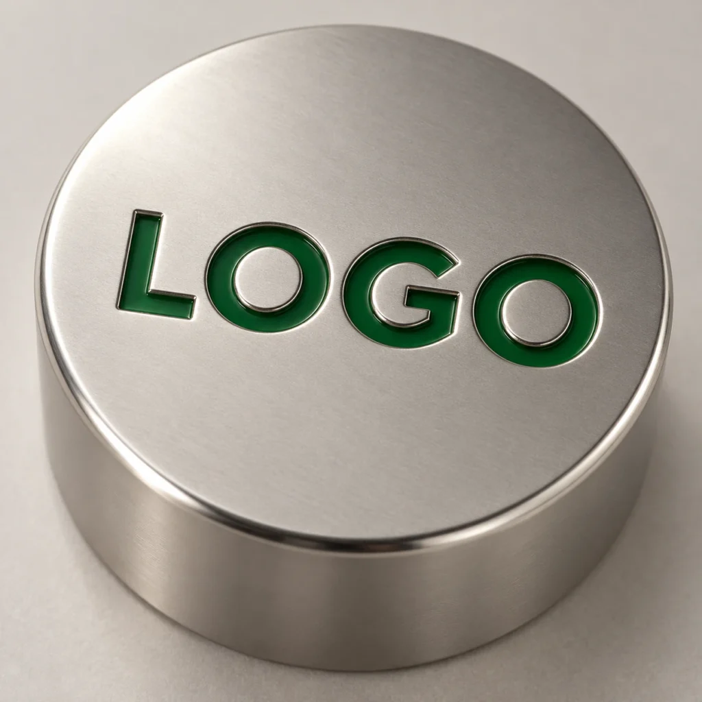 Recessed LOGO filled with green color on a silver perfume cap