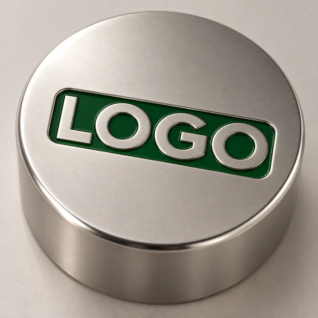 Silver LOGO against a green recessed panel on a perfume cap