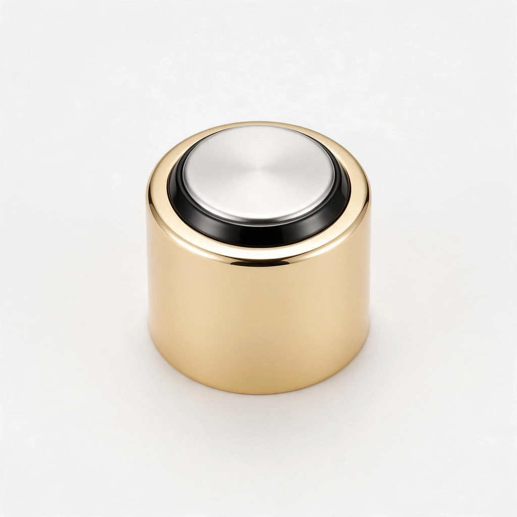 Two-tone perfume cap design with gold, silver and black details
