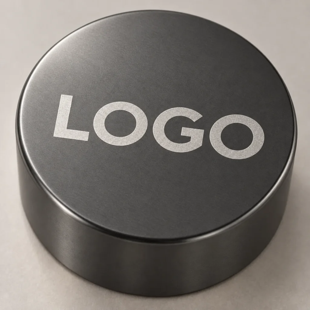 Light silver laser-marking effect on a charcoal perfume cap