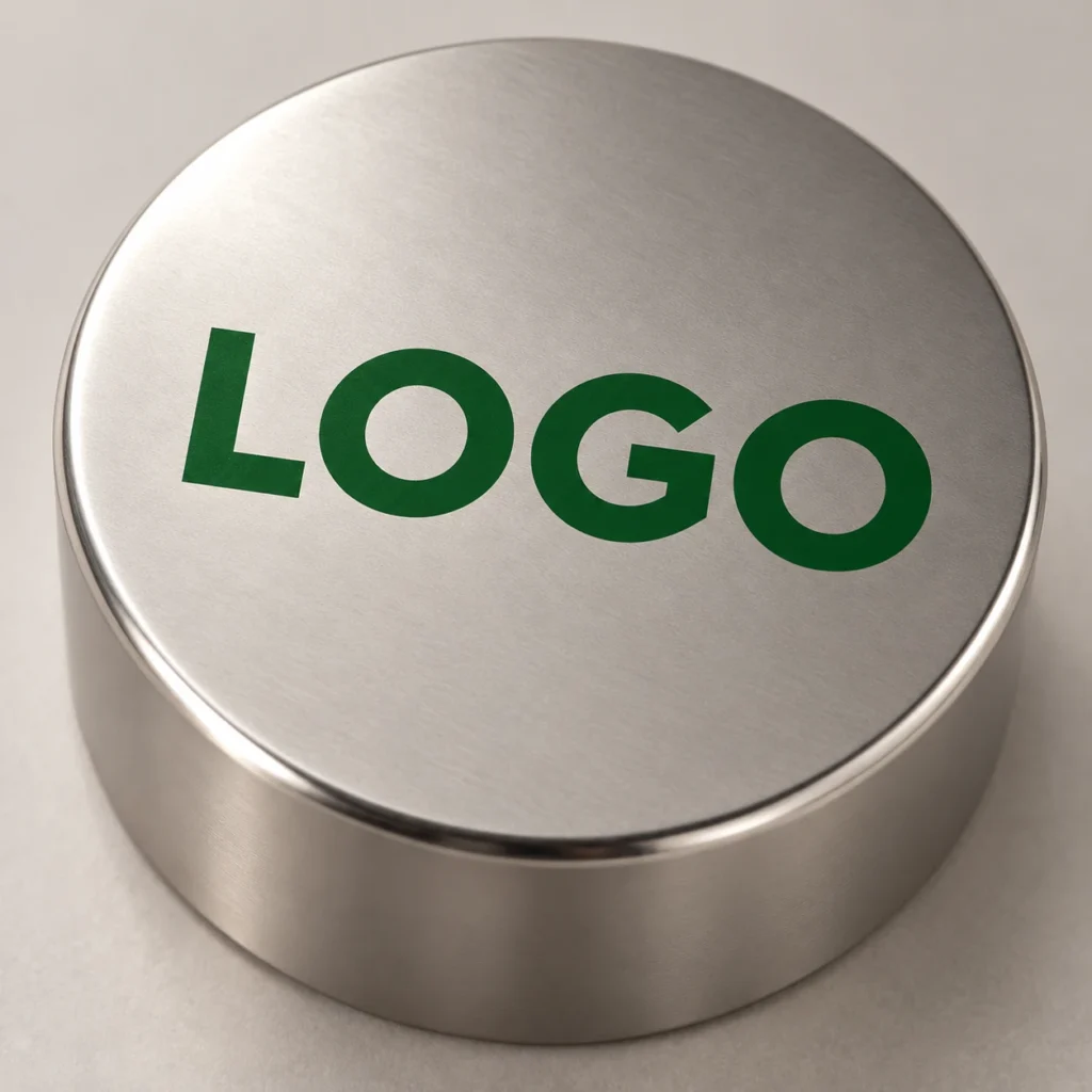 Green printed LOGO on a satin silver perfume cap