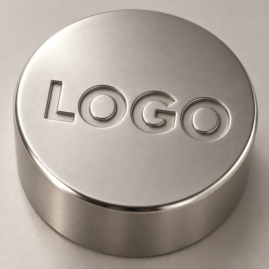 Recessed unfilled LOGO in a satin silver perfume cap