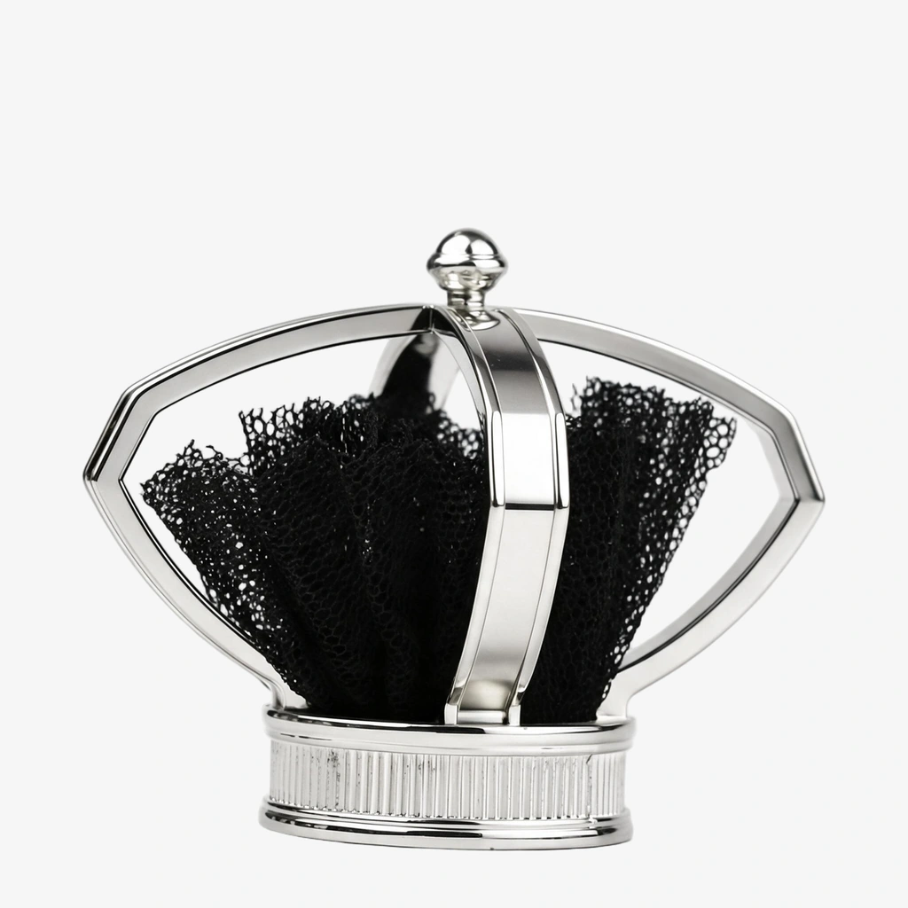 Silver open-frame perfume cap with black textile mesh