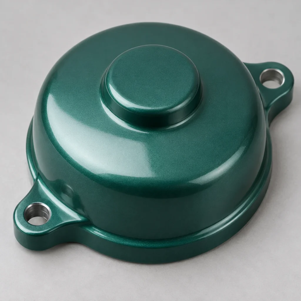 Green spray-painted metal cover with a smooth glossy surface