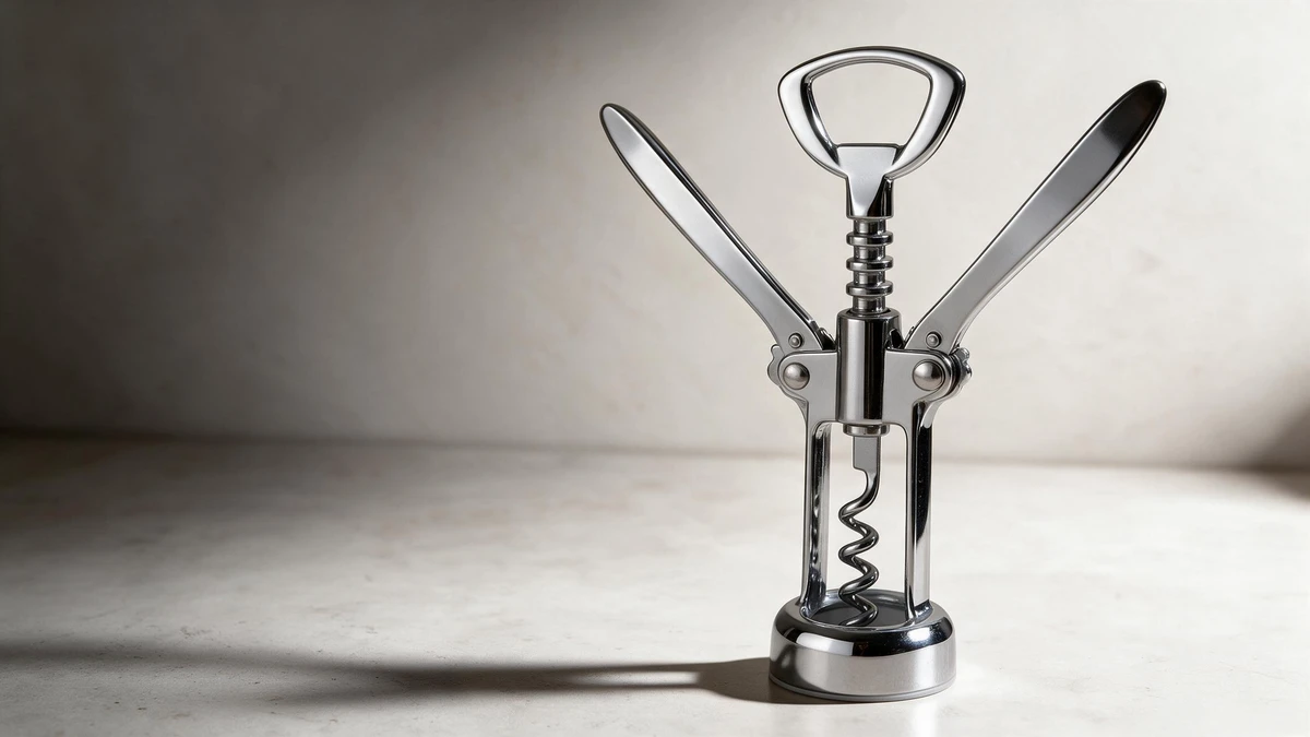 Illustration of a chrome-plated winged corkscrew showing both lever arms, the top handle, and the central worm