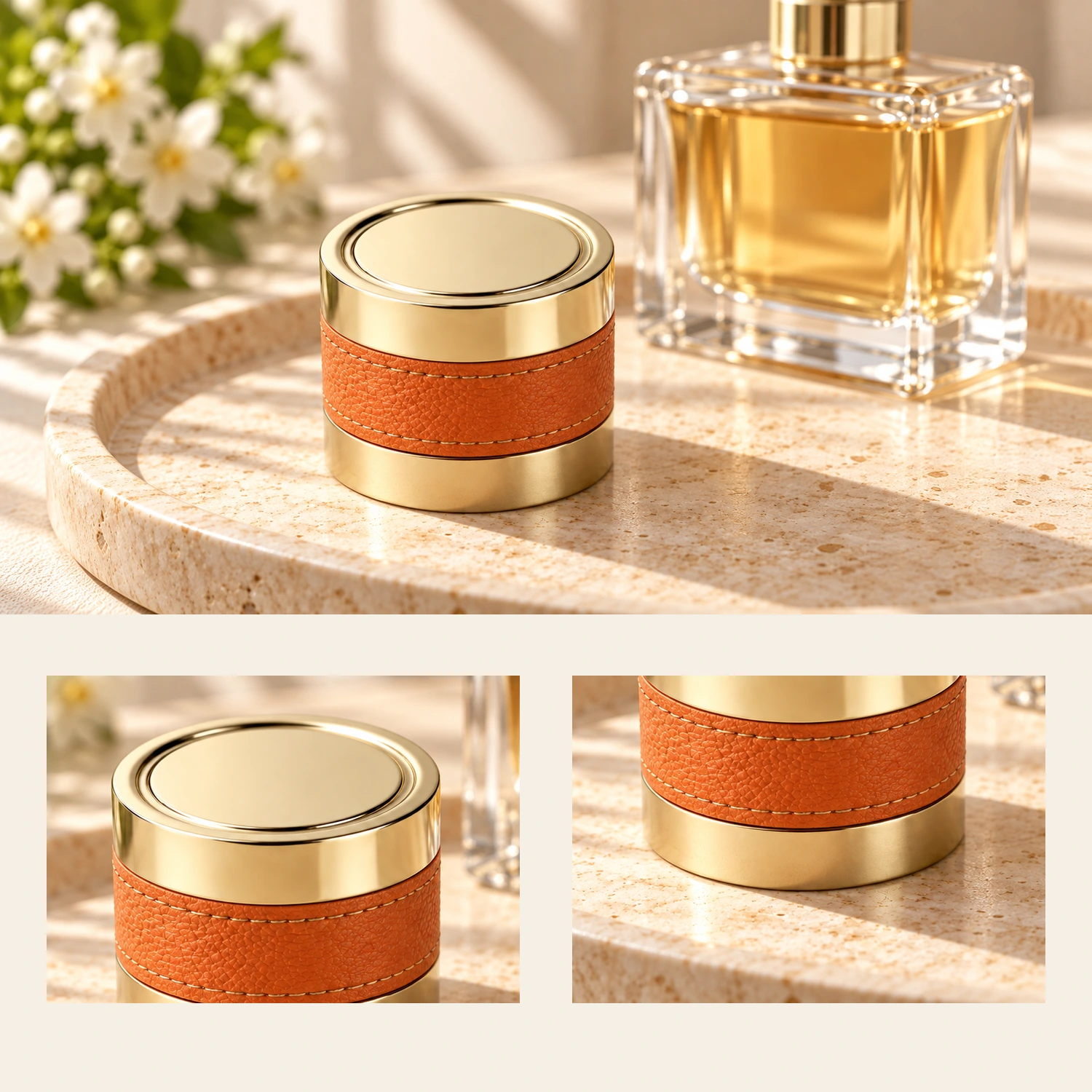 Gold-tone metal perfume cap with an orange leather-textured wrap, design concept