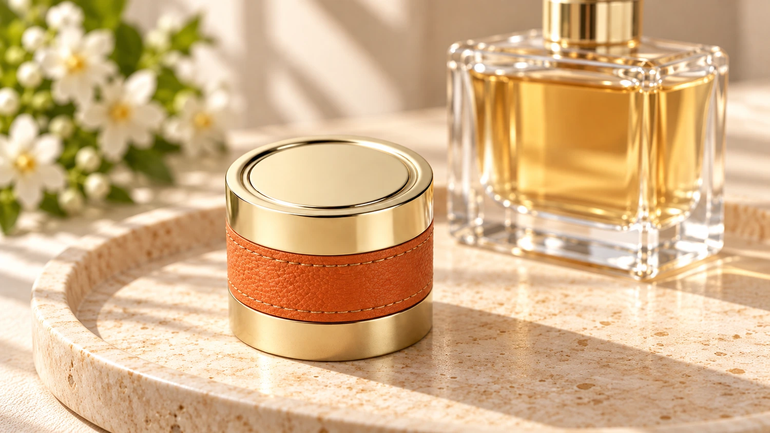 Design concept of a gold-tone metal perfume cap with an orange leather-textured wrap, paired with a perfume bottle