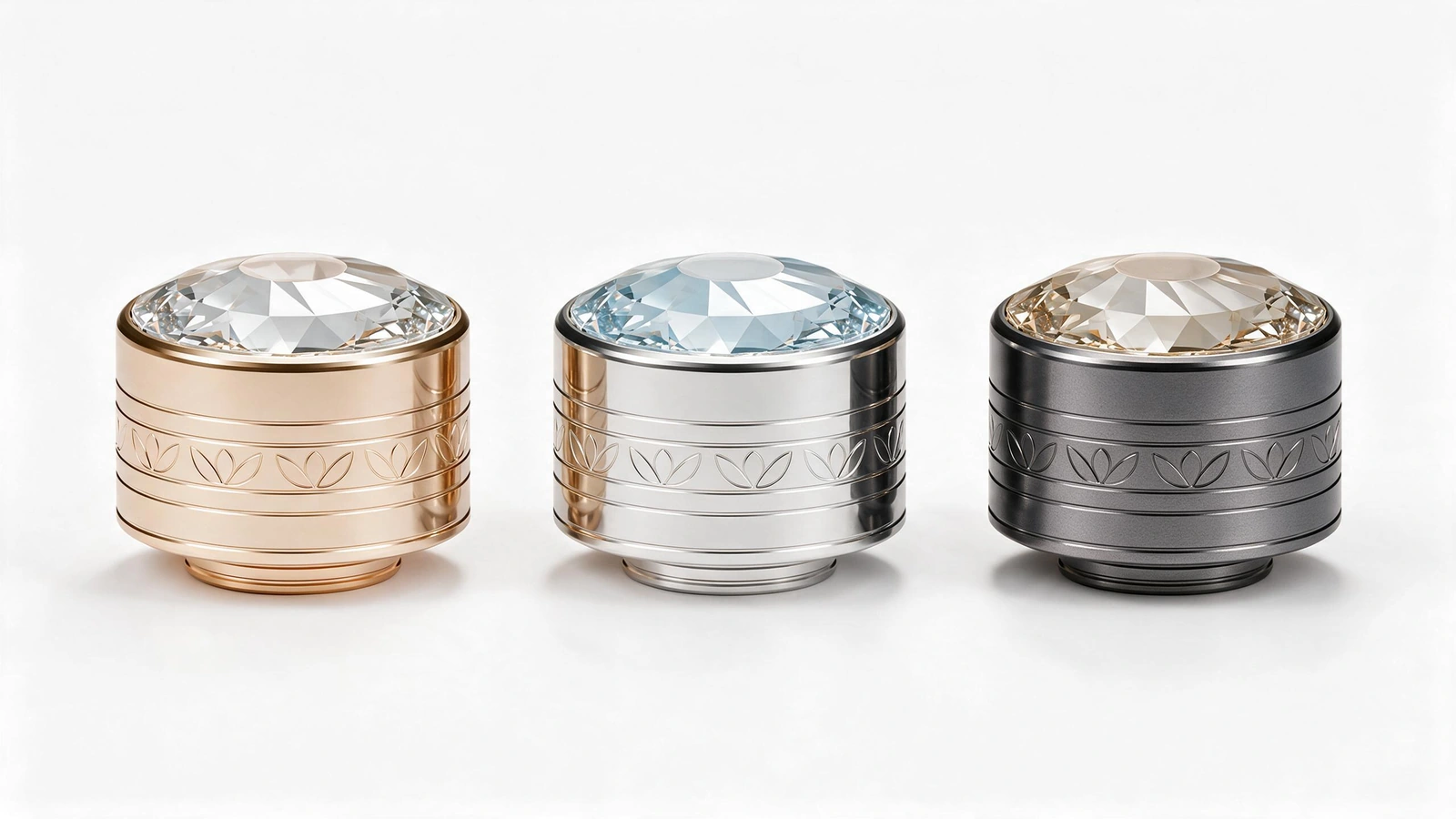 Design renderings of the same patterned perfume cap in three metal and transparent-top color combinations