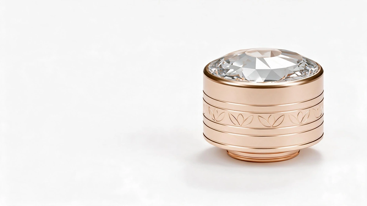 Design rendering of a patterned perfume cap with a transparent faceted top and a gold-colored metal shell