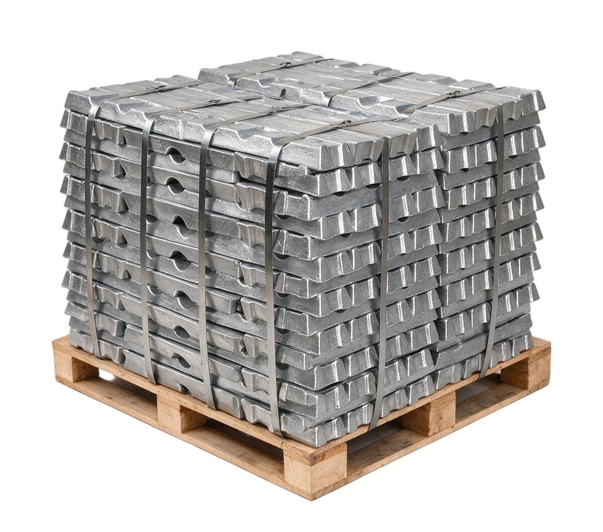 Zinc alloy ingots on a wooden pallet