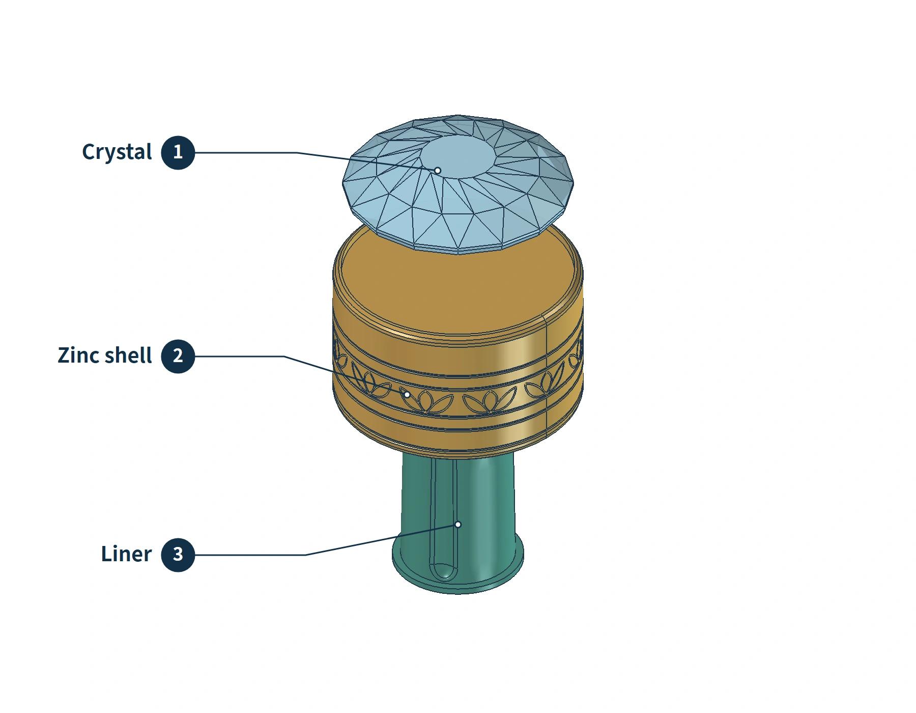Exploded view of the patterned perfume cap showing the transparent top, zinc alloy outer shell, and plastic liner separately